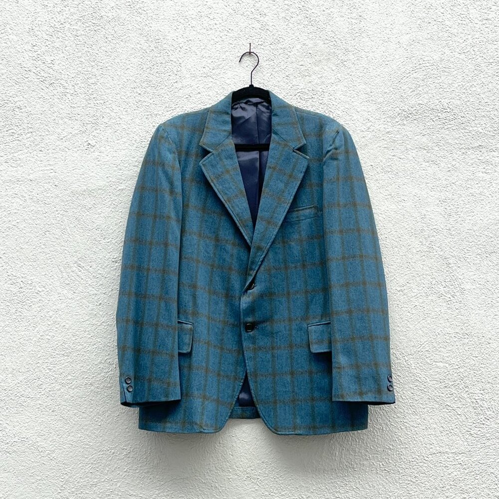 Vintage 60’s Dellcraft Blue & Brown Windowpane Plaid Jacket Blazer Size 44R